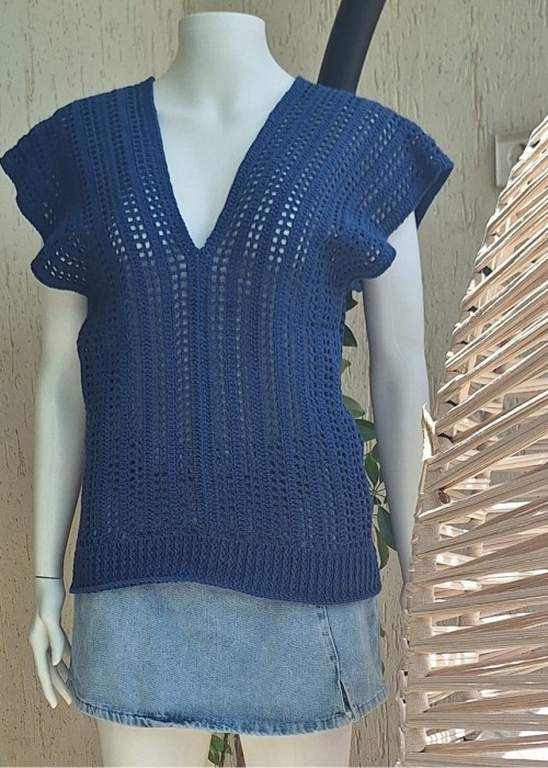 Kadın Mavi Renk Pamuklu İpten V Yaka Düşük Omuz Düşük Kol Hand Made El Örgüsü Yazlık Bluz2
