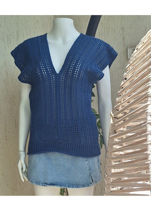 Kadın Mavi Renk Pamuklu İpten V Yaka Düşük Omuz Düşük Kol Hand Made El Örgüsü Yazlık Bluz2