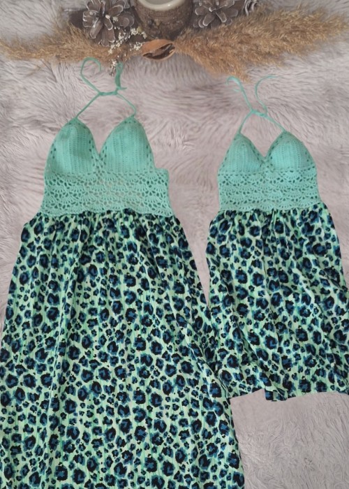 ANNE KIZ KOMBİN MİNT YEŞİLİ EL ÖRGÜSÜ YAZLIK ELBİSE