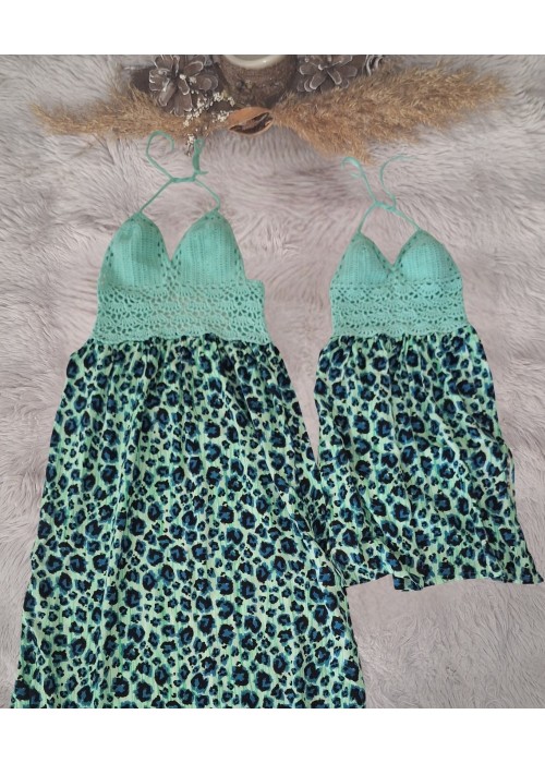 ANNE KIZ KOMBİN MİNT YEŞİLİ EL ÖRGÜSÜ YAZLIK ELBİSE