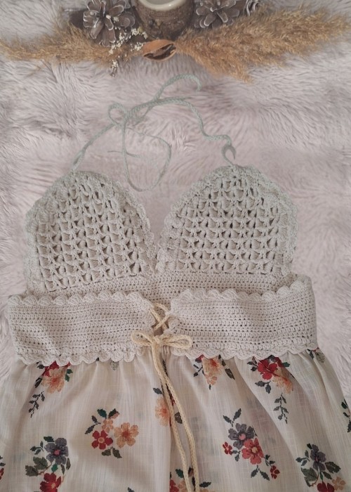 ANNE KIZ KOMBİN KREM ÇİÇEK DESENLİ EL ÖRGÜSÜ YAZLIK ELBİSE