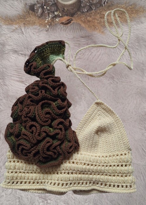 ANNE KIZ KOMBİN KREM KAHVE  EL ÖRGÜSÜ YAZLIK ETEK BLUZ TAKIM