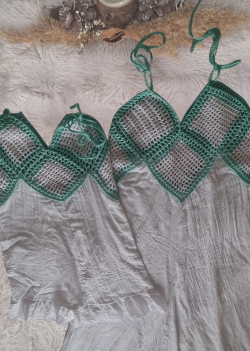 ANNE KIZ KOMBİN BEYAZ MİNT YEŞİLİ EL ÖRGÜSÜ YAZLIK ELBİSE