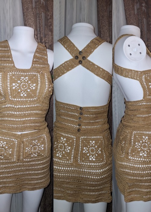 KADIN KAHVERENGİ BEJ SIRTI ÇAPRAZ DETAYLI YAZLIK EL ÖRGÜSÜ BLUZ ETEK TAKIM