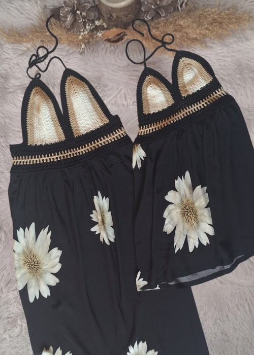 ANNE KIZ KOMBİN KREM SİYAH EL ÖRGÜSÜ  YAZLIK  ELBİSE