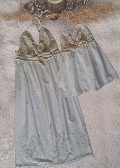 ANNE KIZ KOMBİN EKRU RENK  EL ÖRGÜSÜ YAZLIK ELBİSE