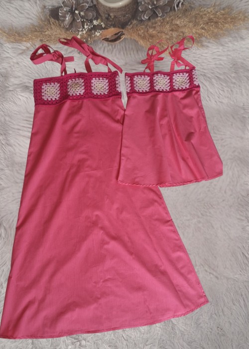 ANNE KIZ KOMBİN PEMBE EL ÖRGÜSÜ YAZLIK ELBİSE