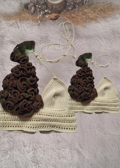 ANNE KIZ KOMBİN KREM KAHVE  EL ÖRGÜSÜ YAZLIK ETEK BLUZ TAKIM