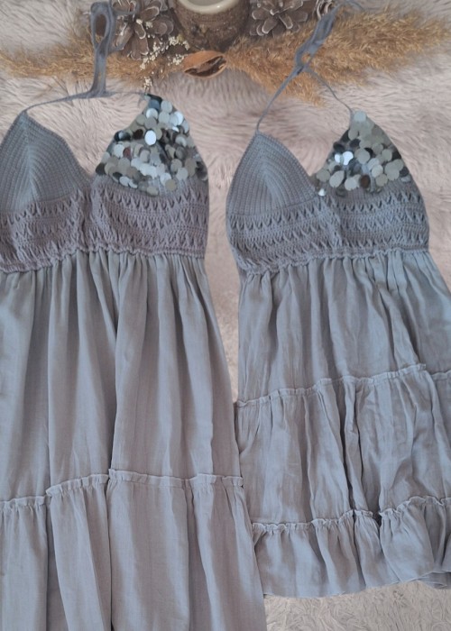 ANNE KIZ KOMBİN GRİ PUL DETAYLI EL ÖRGÜSÜ YAZLIK ELBİSE