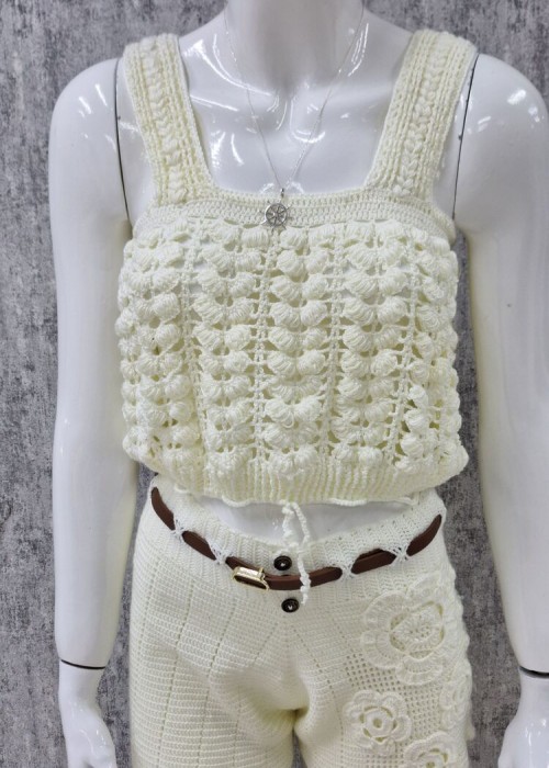 KADIN KALIN ASKILI EKRU RENK YAZLIK ÖRGÜ BLUZ