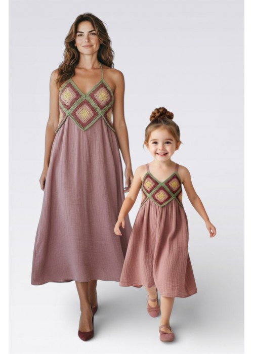 ANNE-KIZ KOMBİN BEYAZ  ÖRGÜ YAZLIK ELBİSE MÜSLİN KUMAŞ