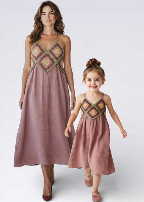 ANNE KIZ KOMBİN PEMBE EL ÖRGÜSÜ YAZLIK ELBİSE