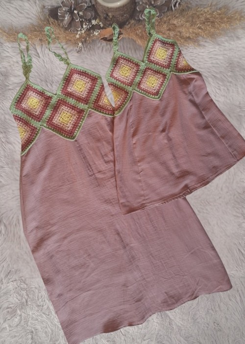 ANNE KIZ KOMBİN PEMBE EL ÖRGÜSÜ YAZLIK ELBİSE