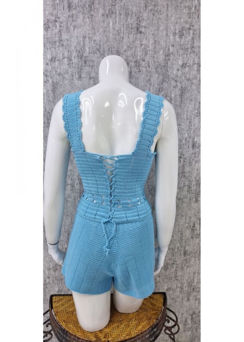 Kadın Mavi Renk Tek Omuzlu Kalın Askılı Bluz , Düğme Detaylı Şortlu Örgü Takım