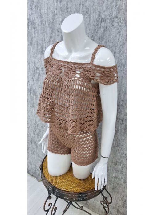 Kadın Taba El Örgüsü Açık Omuz Ince Askılı Bluz Şortlu Takım