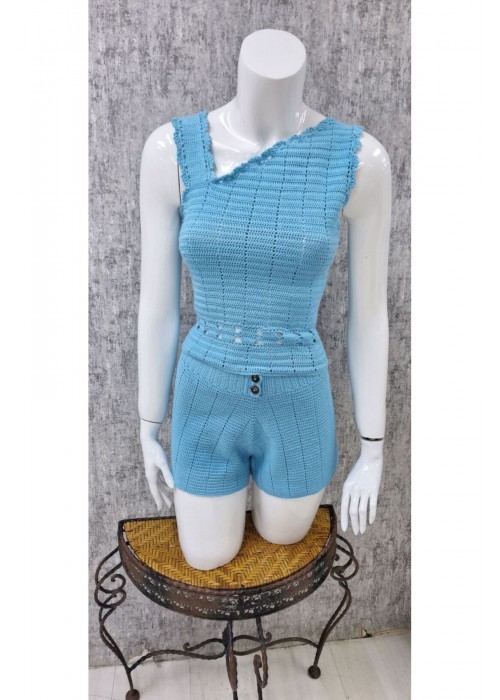 Kadın Mavi Renk Tek Omuzlu Kalın Askılı Bluz , Düğme Detaylı Şortlu Örgü Takım