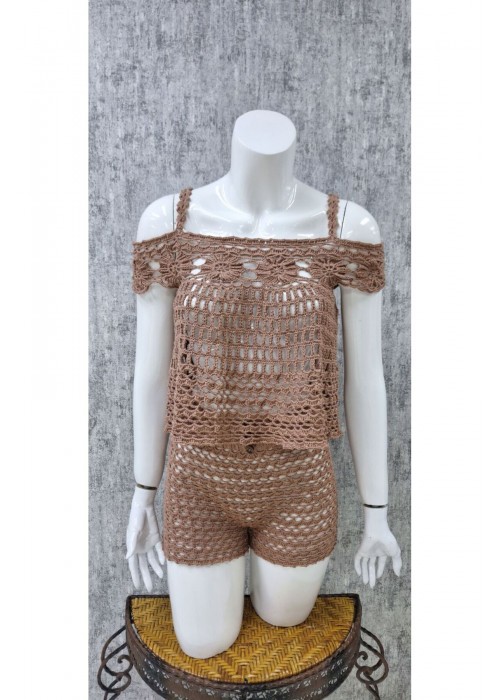 Kadın Taba El Örgüsü Açık Omuz Ince Askılı Bluz Şortlu Takım