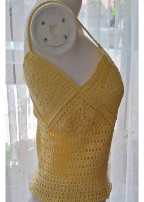 Yazlık Sarı Renk Örgü ,Askılı Crop Bluz Yazlık Sarı Renk Örgü ,Askılı Crop Bluz