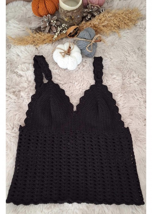 Yazlik Si̇Yah Renk Örgü ,Askili Crop Bluz Yazlik Si̇Yah Renk Örgü ,Askili Crop Bluz