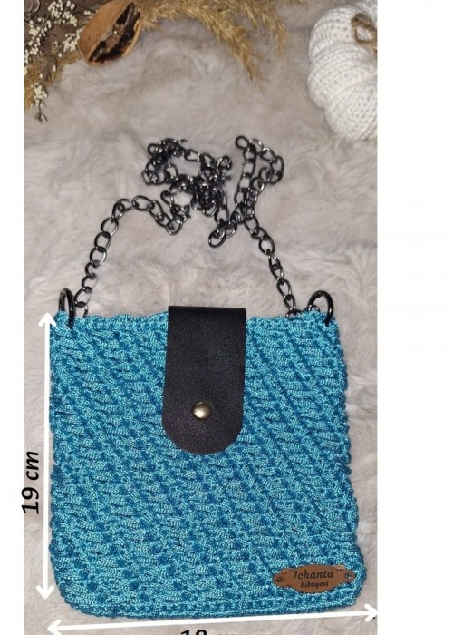 Kadın Mavi Renk, Zincir Saplı,Polyester Makrome İpi Telefon Çantası Kadın Mavi Renk, Zincir Saplı,Polyester Makrome İpi Telefon Çantası