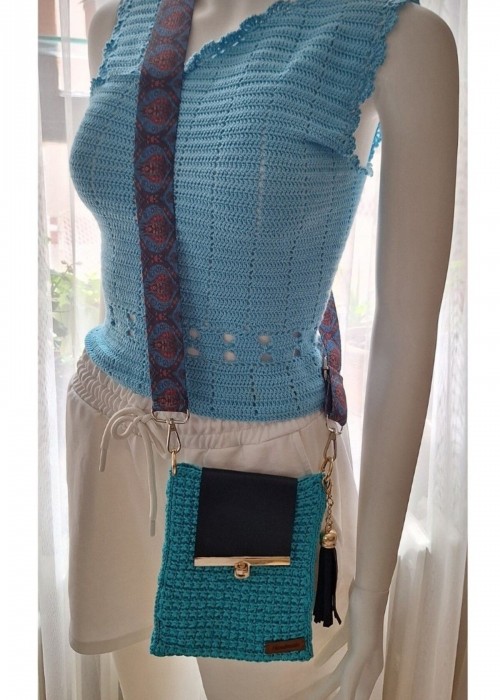 Kadın Mavi Renk, Polyester Makrome İpi Telefon Çantası Kadın Mavi Renk, Polyester Makrome İpi Telefon Çantası