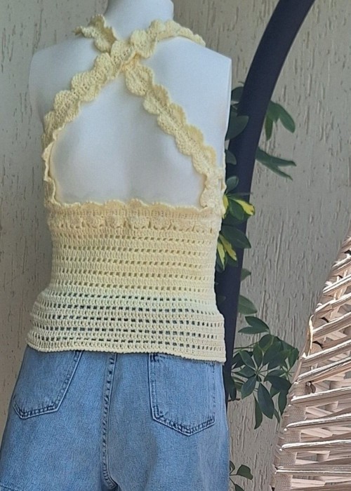 Kadın Sarı Pamuklu Coton İpten Hand Made El Örgüsü Yazlık Sırtı Çapraz Askılı Bluz Kadın Sarı Pamuklu Coton İpten Hand Made El Örgüsü Yazlık Sırtı Çapraz Askılı Bluz