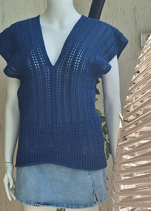 Kadın Mavi Renk Pamuklu İpten V Yaka Düşük Omuz Düşük Kol Hand Made El Örgüsü Yazlık Bluz Kadın Mavi Renk Pamuklu İpten V Yaka Düşük Omuz Düşük Kol Hand Made El Örgüsü Yazlık Bluz