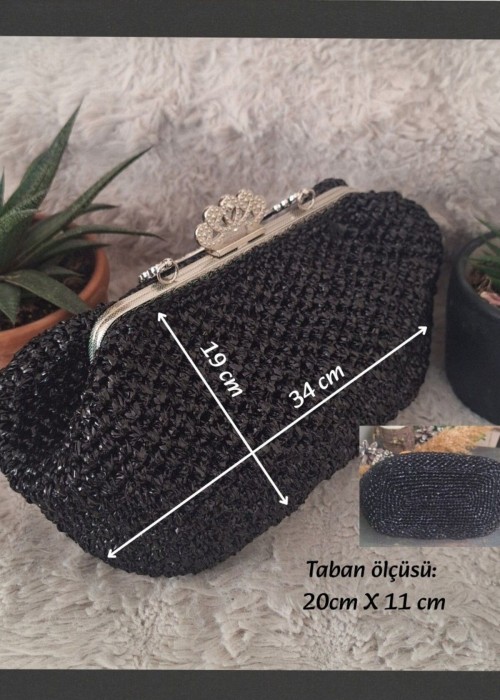 Kadın Siyah Metal Çanta Kulplu Metalik Rafya İpten Yazlık El Çantası,Hand Made El Örgüsü Kadın Siyah Metal Çanta Kulplu Metalik Rafya İpten Yazlık El Çantası,Hand Made El Örgüsü