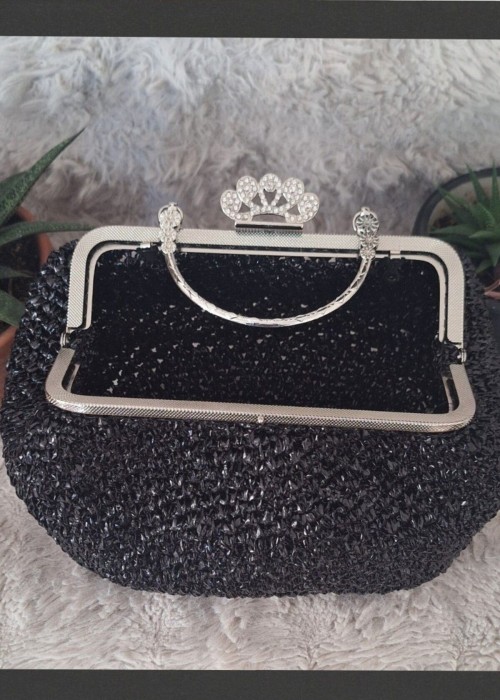 Kadın Siyah Metal Çanta Kulplu Metalik Rafya İpten Yazlık El Çantası,Hand Made El Örgüsü Kadın Siyah Metal Çanta Kulplu Metalik Rafya İpten Yazlık El Çantası,Hand Made El Örgüsü