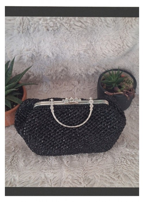 Kadın Siyah Metal Çanta Kulplu Metalik Rafya İpten Yazlık El Çantası,Hand Made El Örgüsü