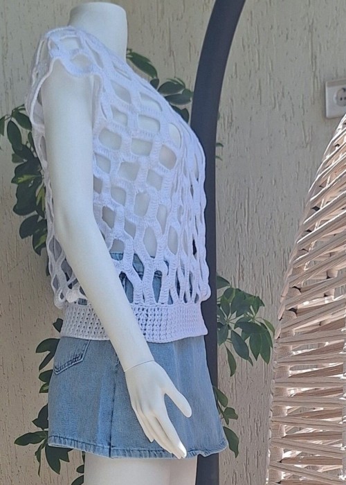 Kadın Beyaz Kafes Modeli Ajurlu Hand Made El Örgüsü Pamuklu Coton İp V Yaka Yazlık Düşük Kol Bluz Kadın Beyaz Kafes Modeli Ajurlu Hand Made El Örgüsü Pamuklu Coton İp V Yaka Yazlık Düşük Kol Bluz