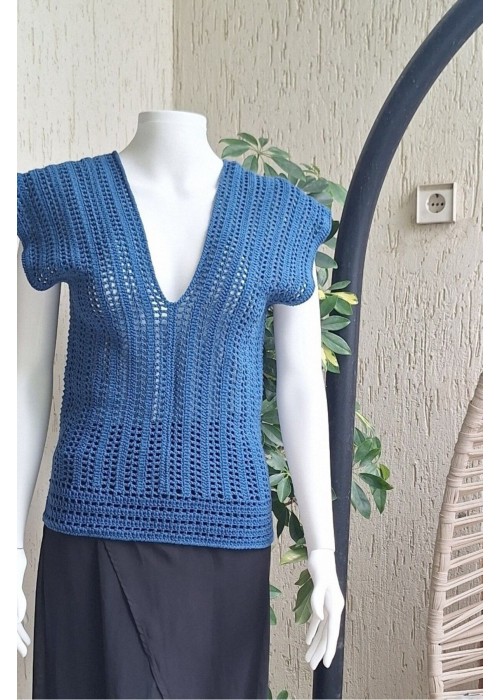 Kadın Mavi Renk Pamuklu İpten V Yaka Düşük Omuz Düşük Kol Hand Made El Örgüsü Yazlık Bluz