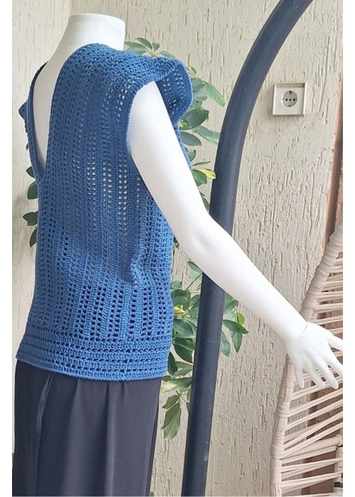 Kadın Mavi Renk Pamuklu İpten V Yaka Düşük Omuz Düşük Kol Hand Made El Örgüsü Yazlık Bluz