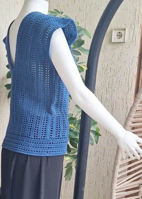 Kadın Mavi Renk Pamuklu İpten V Yaka Düşük Omuz Düşük Kol Hand Made El Örgüsü Yazlık Bluz Kadın Mavi Renk Pamuklu İpten V Yaka Düşük Omuz Düşük Kol Hand Made El Örgüsü Yazlık Bluz