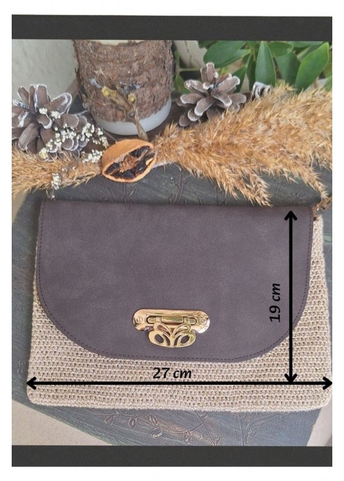 Kadın Kahverengi Güderi Kapaklı Bej Doğal Simli İp El Örgüsü, Hand Made Clunch Çanta, El Çantası