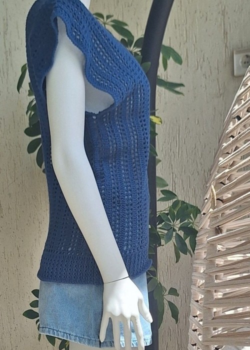 Kadın Mavi Renk Pamuklu İpten V Yaka Düşük Omuz Düşük Kol Hand Made El Örgüsü Yazlık Bluz Kadın Mavi Renk Pamuklu İpten V Yaka Düşük Omuz Düşük Kol Hand Made El Örgüsü Yazlık Bluz