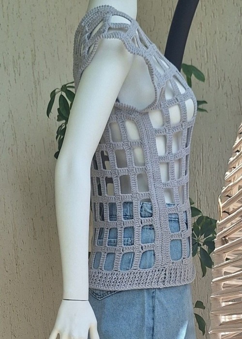 Kadın Gri Renk File Model Hand Made El Örgüsü Pamuklu Coton İpten V Yaka Yazlık Düşük Omuz Bluz Kadın Gri Renk File Model Hand Made El Örgüsü Pamuklu Coton İpten V Yaka Yazlık Düşük Omuz Bluz