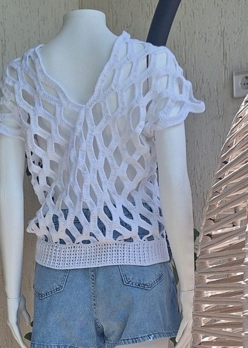 Kadın Beyaz Kafes Modeli Ajurlu Hand Made El Örgüsü Pamuklu Coton İp V Yaka Yazlık Düşük Kol Bluz Kadın Beyaz Kafes Modeli Ajurlu Hand Made El Örgüsü Pamuklu Coton İp V Yaka Yazlık Düşük Kol Bluz