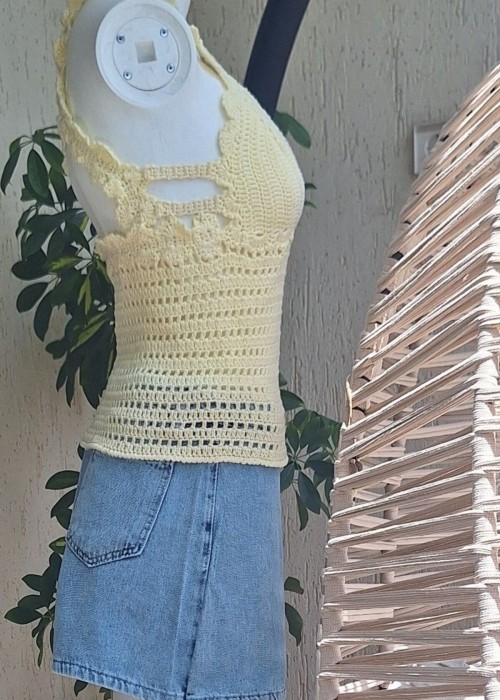 Kadın Sarı Pamuklu Coton İpten Hand Made El Örgüsü Yazlık Sırtı Çapraz Askılı Bluz Kadın Sarı Pamuklu Coton İpten Hand Made El Örgüsü Yazlık Sırtı Çapraz Askılı Bluz