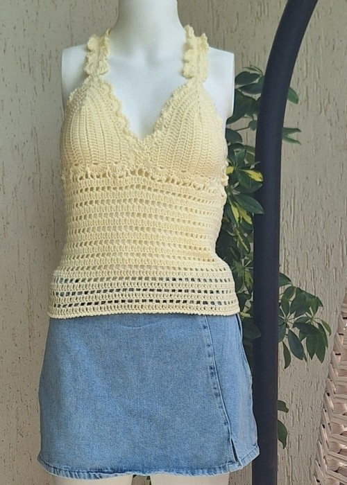 Kadın Sarı Pamuklu Coton İpten Hand Made El Örgüsü Yazlık Sırtı Çapraz Askılı Bluz Kadın Sarı Pamuklu Coton İpten Hand Made El Örgüsü Yazlık Sırtı Çapraz Askılı Bluz