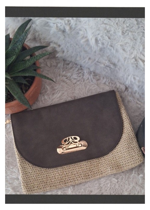 Kadın Kahverengi Güderi Kapaklı Bej Doğal Simli İp El Örgüsü, Hand Made Clunch Çanta, El Çantası