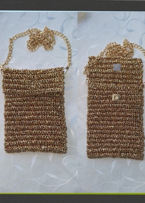 Kadın Altın Rengi Metalik İp Telefon Çantası Hand Made El Örgüsü Kadın Altın Rengi Metalik İp Telefon Çantası Hand Made El Örgüsü