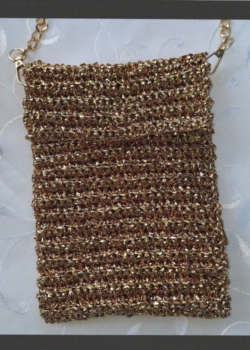 Kadın Altın Rengi Metalik İp Telefon Çantası Hand Made El Örgüsü Kadın Altın Rengi Metalik İp Telefon Çantası Hand Made El Örgüsü