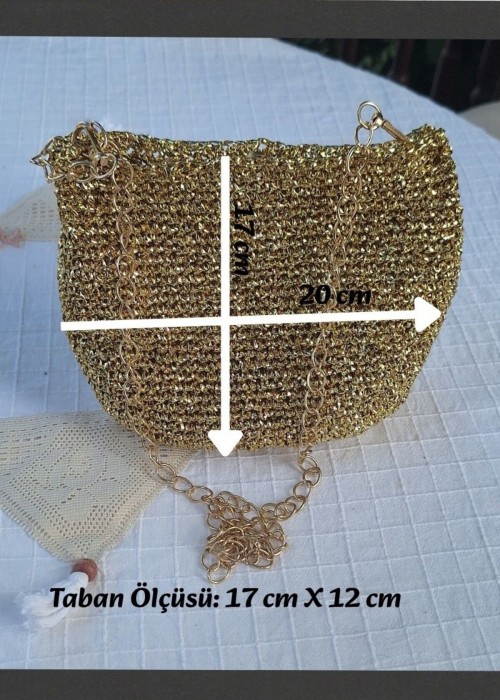 Kadın Altın Rengi Metalik İp Zincir Saplı Çanta Hand Made El Örgüsü Kadın Altın Rengi Metalik İp Zincir Saplı Çanta Hand Made El Örgüsü