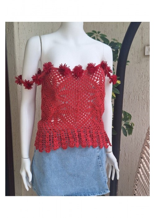 Kadın Pembe Renk El Örgüsü Hand Made Askılı Yazlık Bluz