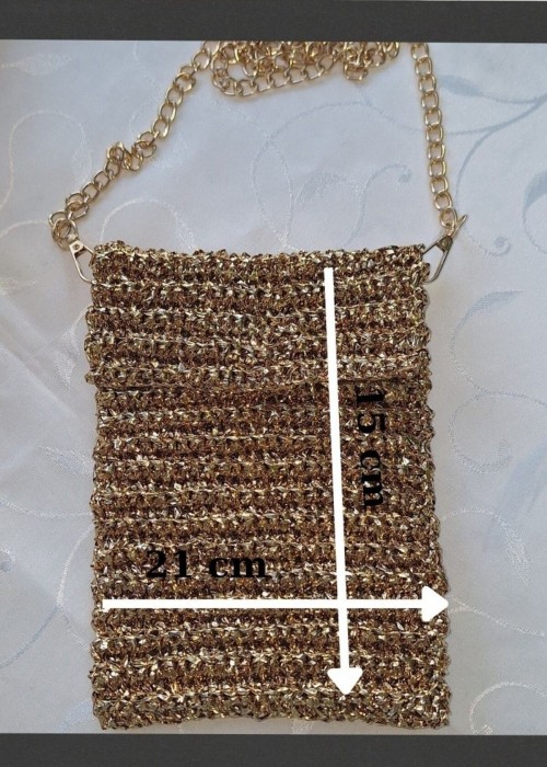 Kadın Altın Rengi Metalik İp Telefon Çantası Hand Made El Örgüsü Kadın Altın Rengi Metalik İp Telefon Çantası Hand Made El Örgüsü