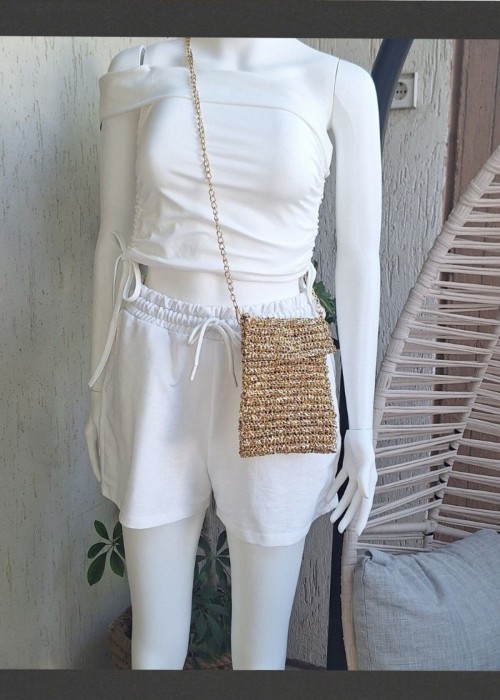 Kadın Altın Rengi Metalik İp Telefon Çantası Hand Made El Örgüsü Kadın Altın Rengi Metalik İp Telefon Çantası Hand Made El Örgüsü