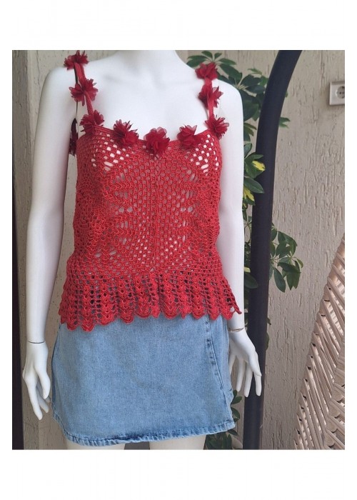 Kadın Pembe Renk El Örgüsü Hand Made Askılı Yazlık Bluz