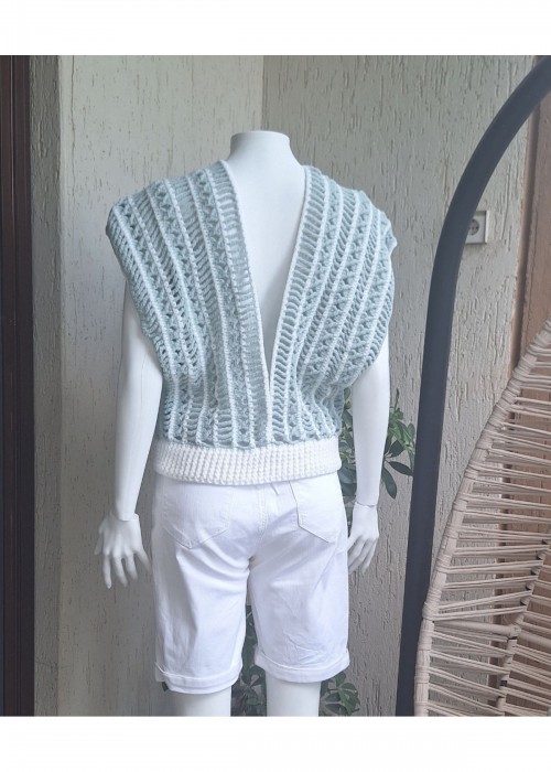 Kadın Turkuaz Ve Beyaz Renk Örgü Bluz Hand Made Kadın Turkuaz Ve Beyaz Renk Örgü Bluz Hand Made