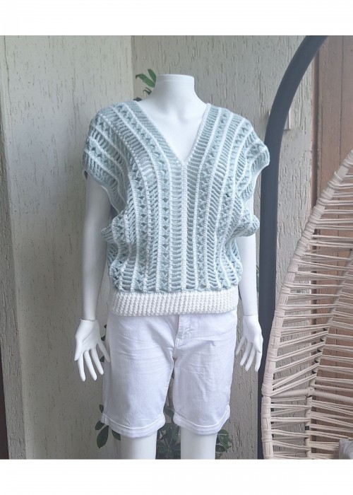 Kadın Turkuaz Ve Beyaz Renk Örgü Bluz Hand Made Kadın Turkuaz Ve Beyaz Renk Örgü Bluz Hand Made